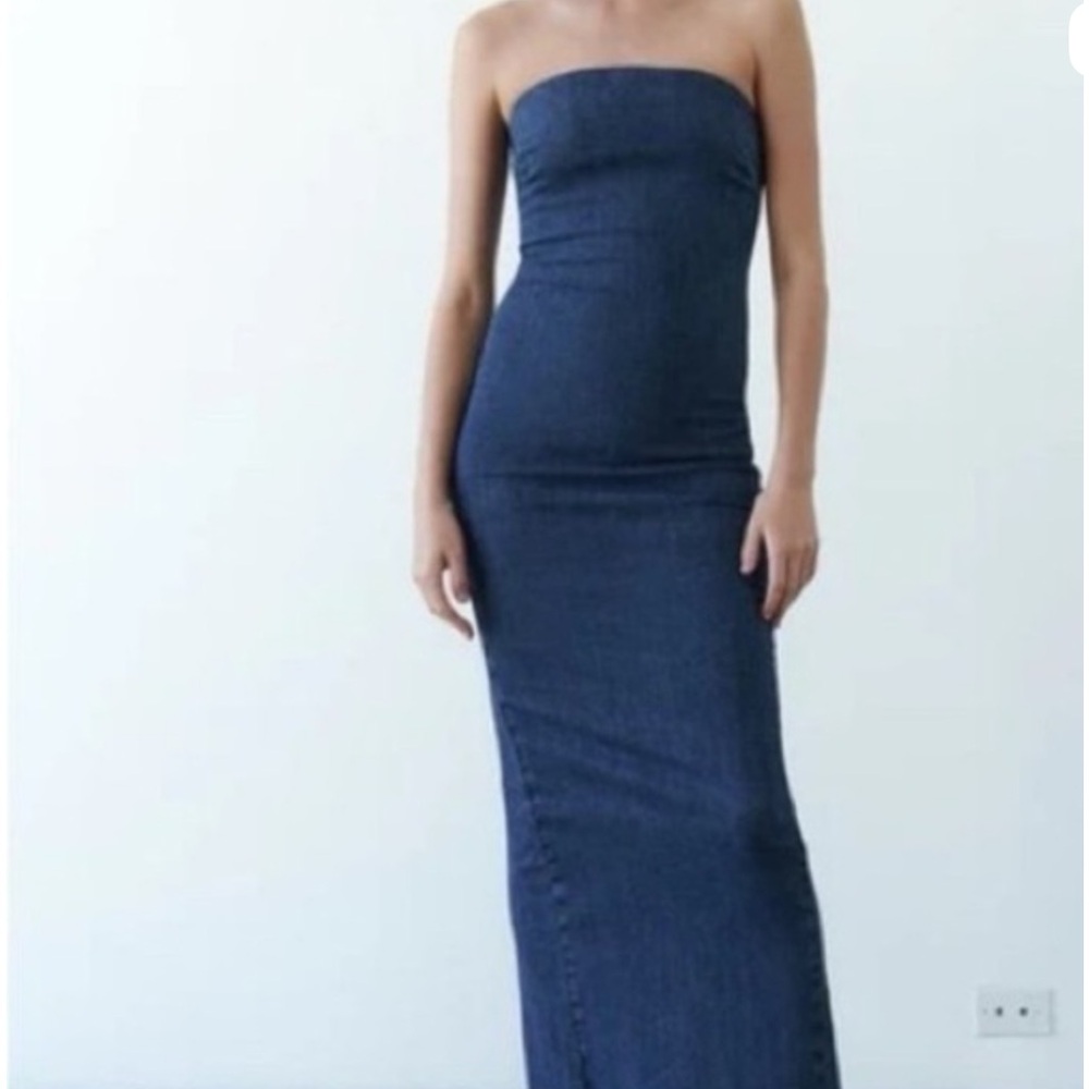 Zara Strapless Maxi Dress in Denim Blue